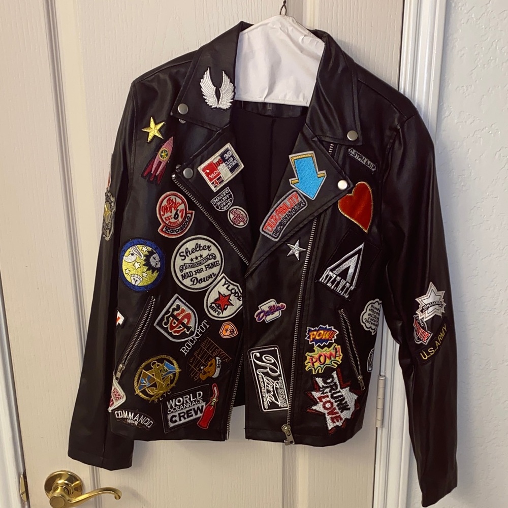 Black Leather Jacket with Patches